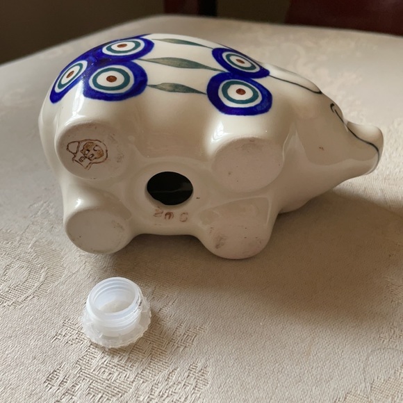 Polish piggy bank by Manufaktura w Bolestawcu peacock leaves pattern, ceramic - Picture 6 of 10